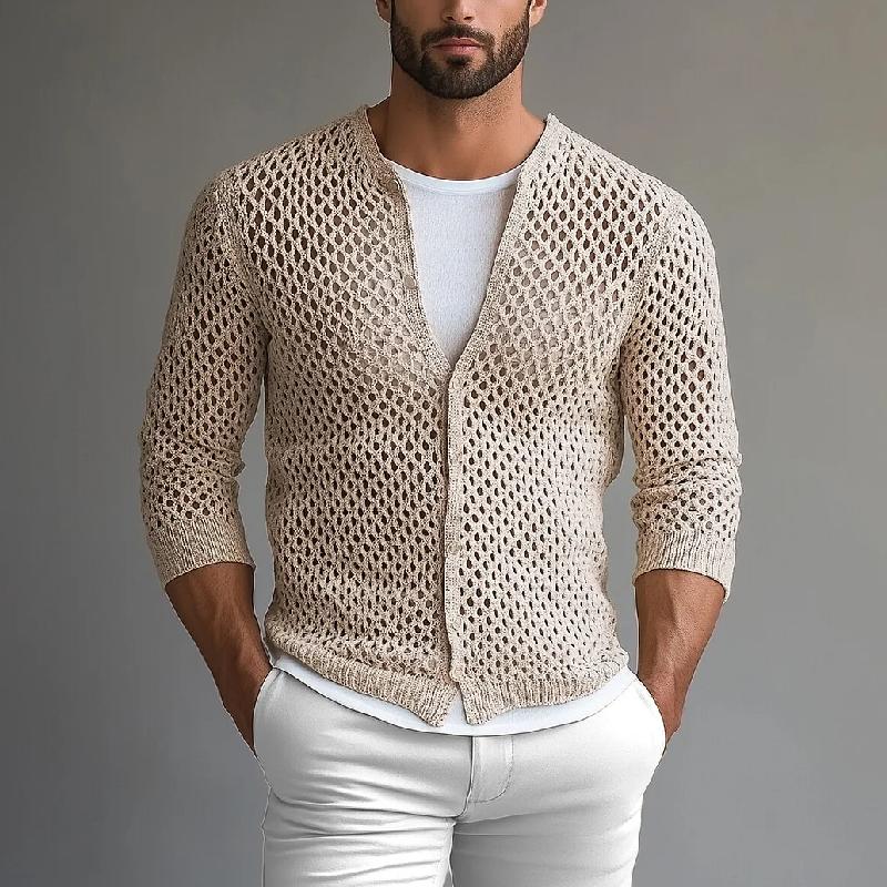 Men's Fashion Solid Color Knit Hollow Crew Neck Cardigan 24757760Y