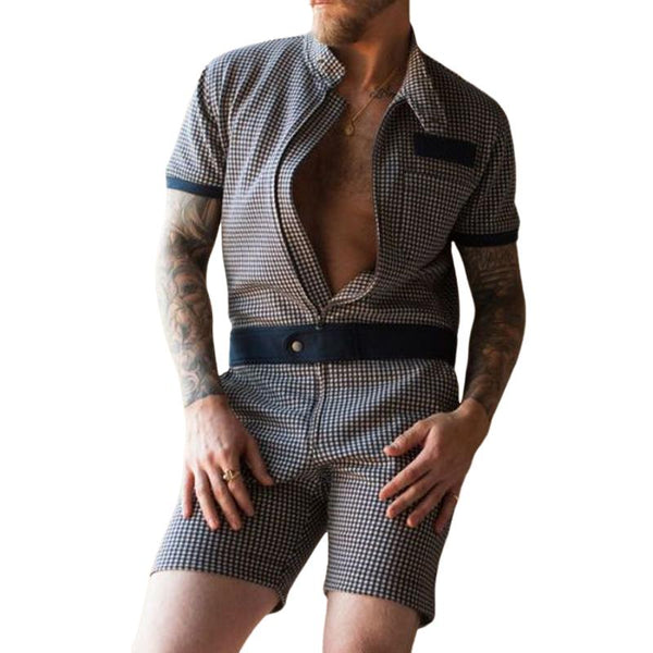 Men's Casual Stand Collar Plaid Patchwork Short Sleeve Shorts Cargo Jumpsuit 92949664M