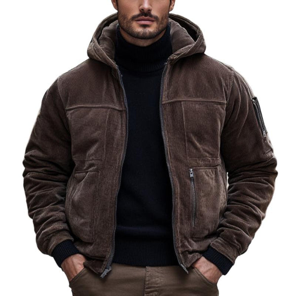 Men's Casual Corduroy Zip-Up Loose Hooded Jacket 83023962M