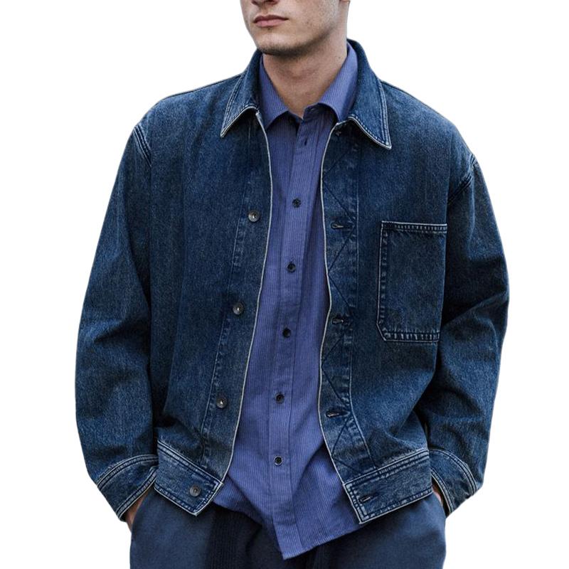 Men's Dark Blue Washed Button Jacket 13032738U