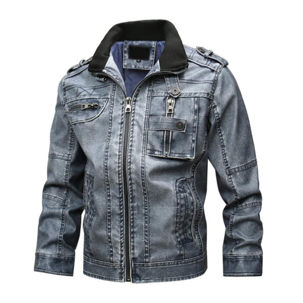 Men's Vintage Stand Collar Multi-Pocket Zippered Leather Motorcycle Jacket 41400561M