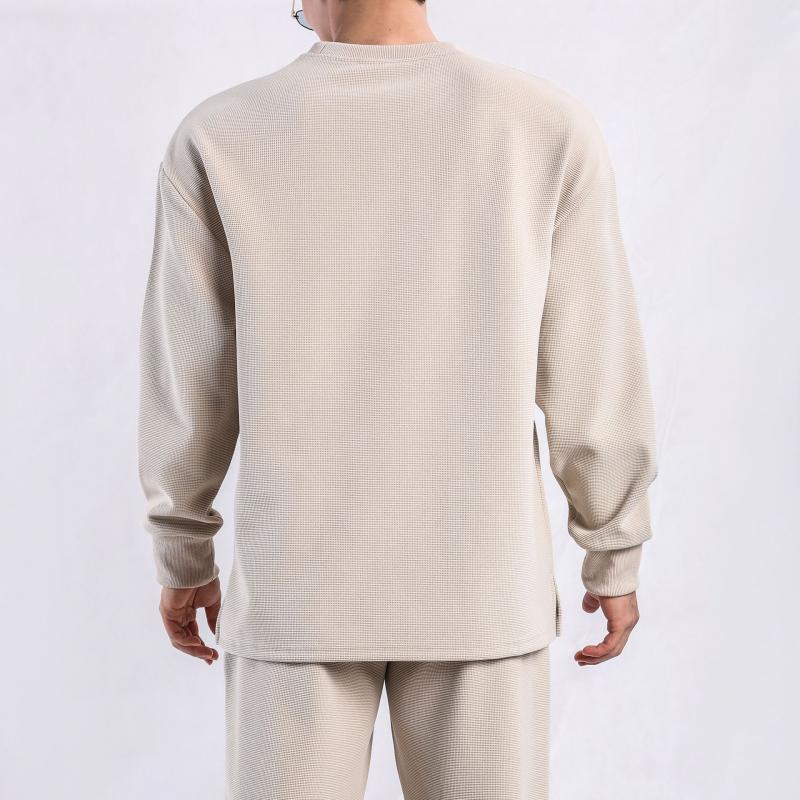 Men's Solid Color Waffle Round Neck Long Sleeve Sweatshirt 08542543Z