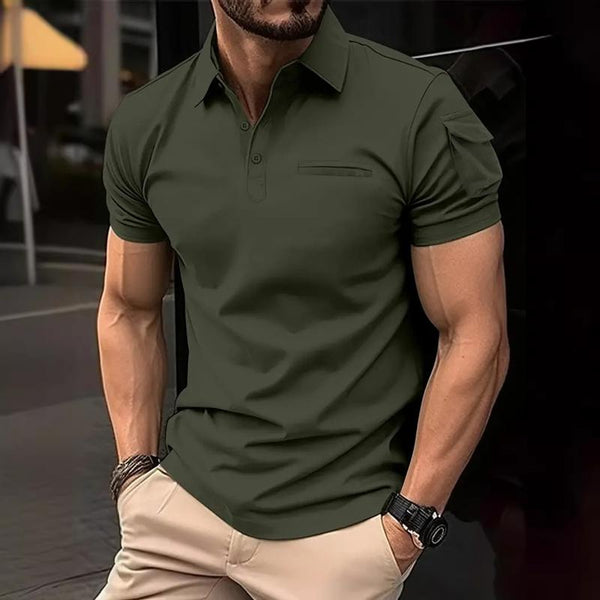 Men's Solid Sleeve Pocket Lapel Short Sleeve Polo Shirt 97034566Z