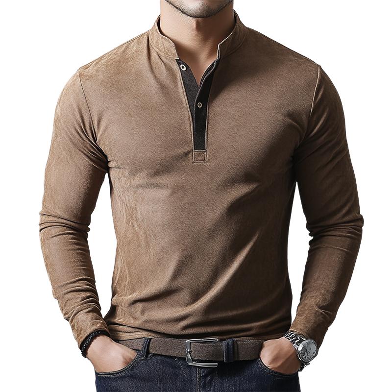 Men's Classic Casual Stand Collar Suede Long Sleeve Polo Shirt 14463713K