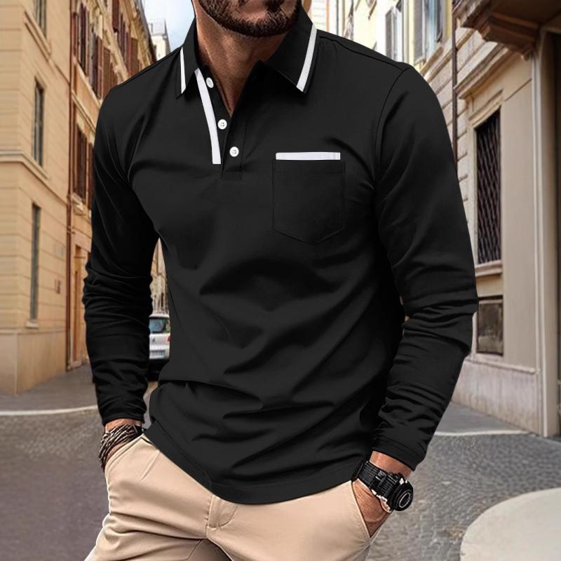 Men's Colorblock Lapel Chest Pocket Long Sleeve Polo Shirt 72686142Y