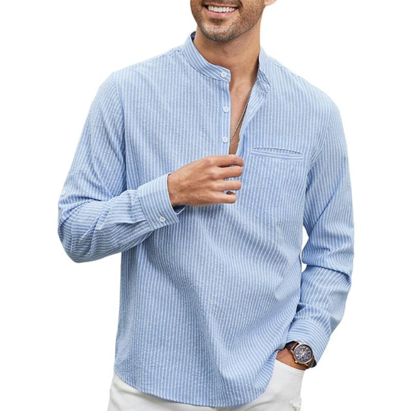 Men's Striped Henley Collar Rolled Sleeve Casual Shirt 77921006Z