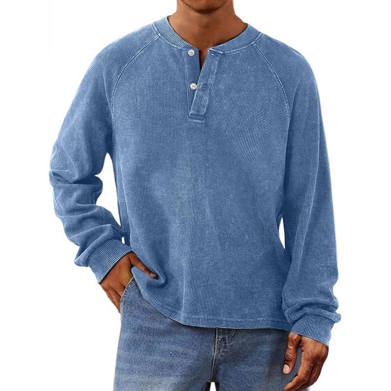 Men's Solid Color Waffle Henley Collar Long Sleeve Casual T-shirt 41869652Z