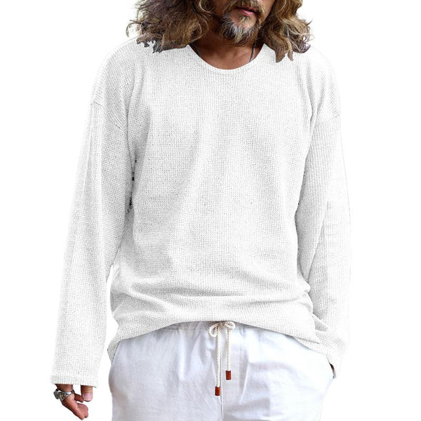 Men's Solid Color Waffle Loose Round Neck Long Sleeve T-Shirt 76476448Y