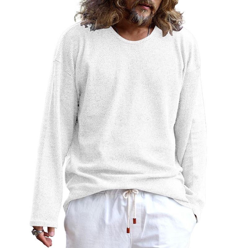 Men's Solid Color Waffle Loose Round Neck Long Sleeve T-Shirt 76476448Y