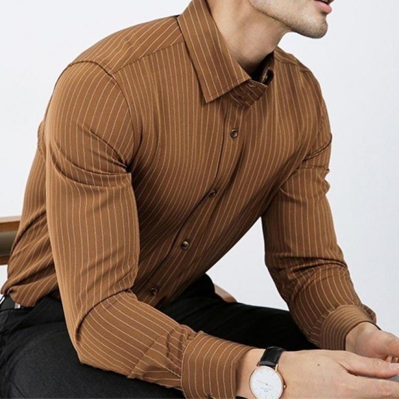 Men's Retro Striped Lapel Long Sleeve Dress Business Shirt 90345261Z