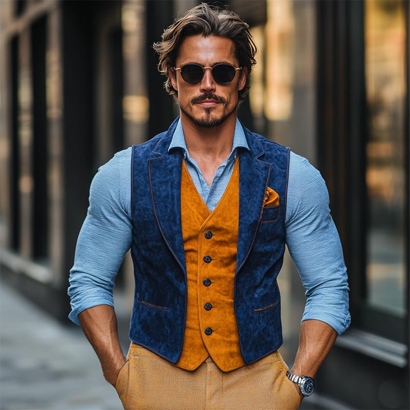 Men's Classic Casual Contrast Color Fake Two-Piece Suede Vest 24412657K