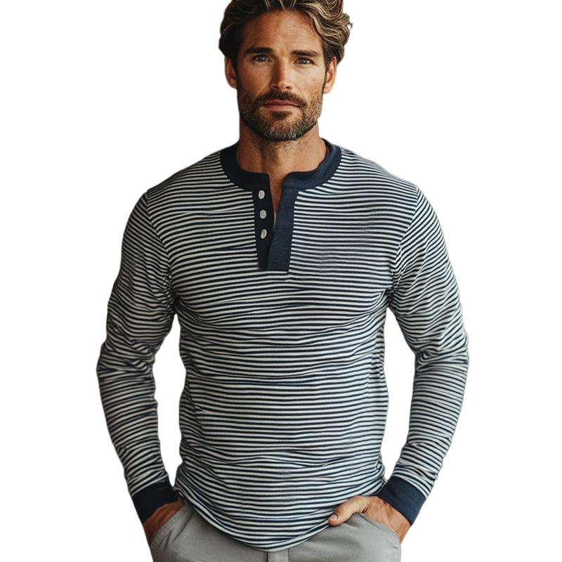 Men's Blue and White Striped Three-button Long-sleeved T-shirt 85058431U