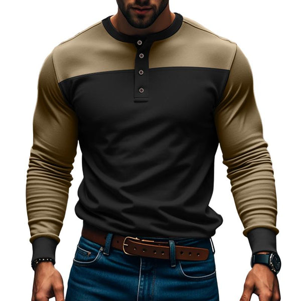 Men's Casual Vintage Long Sleeve Colorblock Henley T-Shirt 76480542X