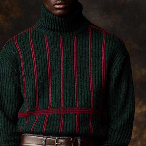 Men's Vintage Christmas Color-Blocked Vertical Striped Knitted Turtleneck Sweater 47849257Y