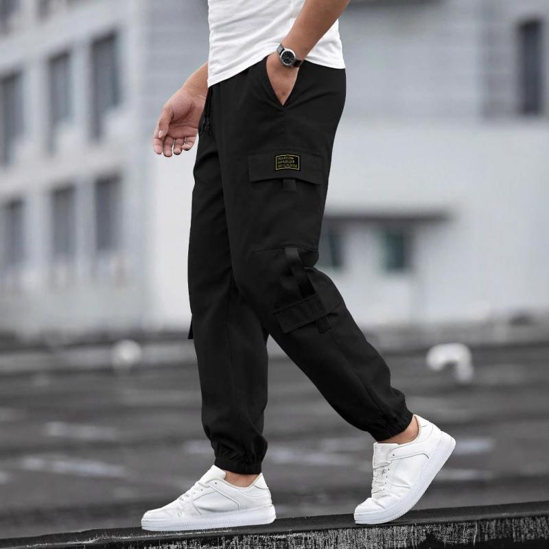 Men's Solid Color Elastic Waist Multi-pocket Cargo Pants 58053761Z