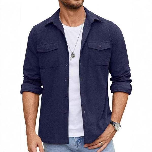 Men's Casual Waffle Lapel Flap Pocket Loose Long Sleeve Shirt 21356321M