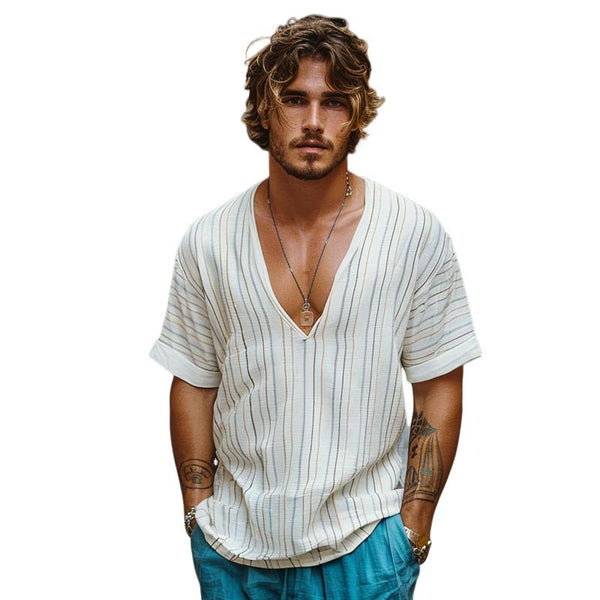 Men's Casual Colorful Striped V-neck Loose Short-sleeved Shirt 20795313M
