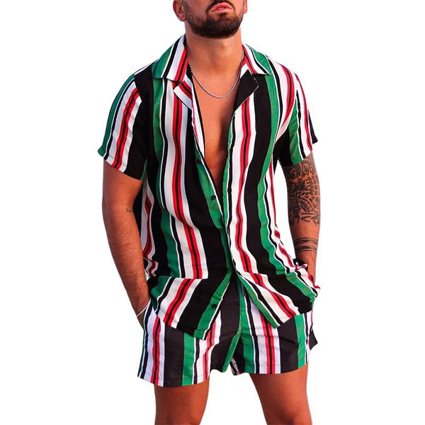Men's Striped Printed Loose Short Sleeve Shirt Shorts Set 48727228Y