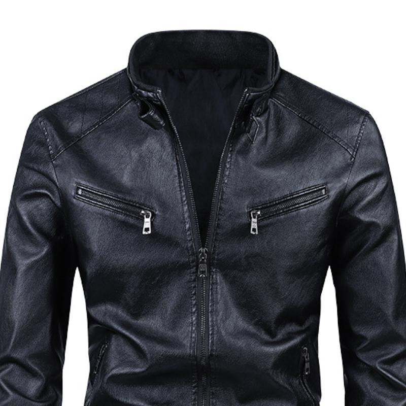 Men's Vintage Zippered Biker Collar Leather Jacket 53976730Y