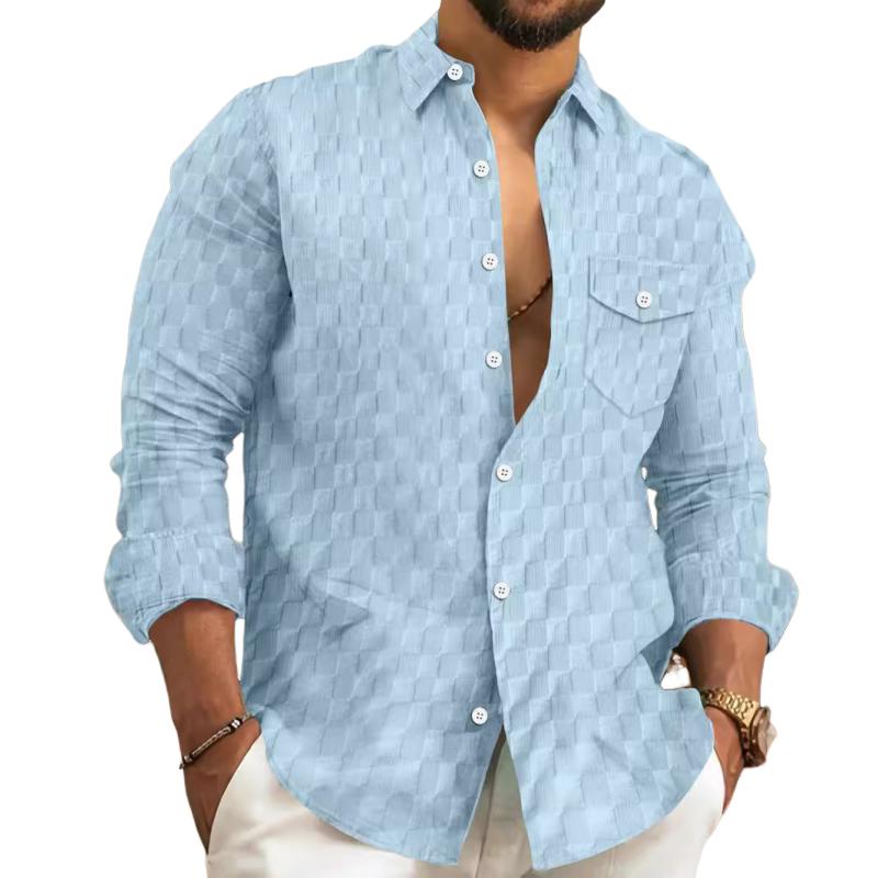 Camisa de manga larga con solapa y bolsillo en el pecho a cuadros lisos para hombre 10101676Y