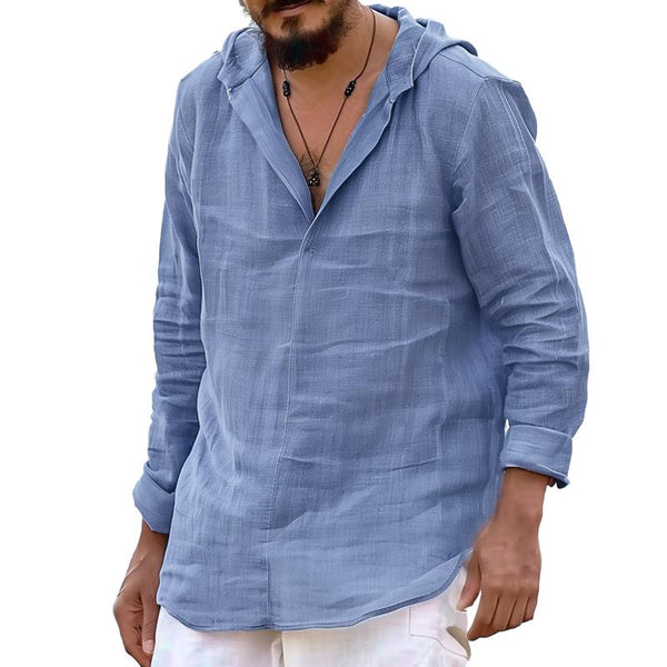 Men's Solid Color Cotton Linen Hooded Long Sleeve Casual Shirt 05842214Z