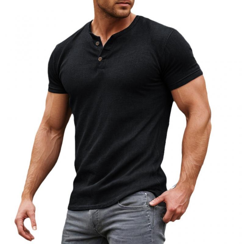 Lässiges T-Shirt für Herren aus Baumwollmischung mit schmaler Passform und Henley-Ausschnitt, kurzärmelig, 32673533M