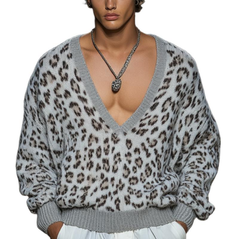 Men's Fashion Leopard Jacquard Deep V Neck Loose Knitted Sweater 41203669M