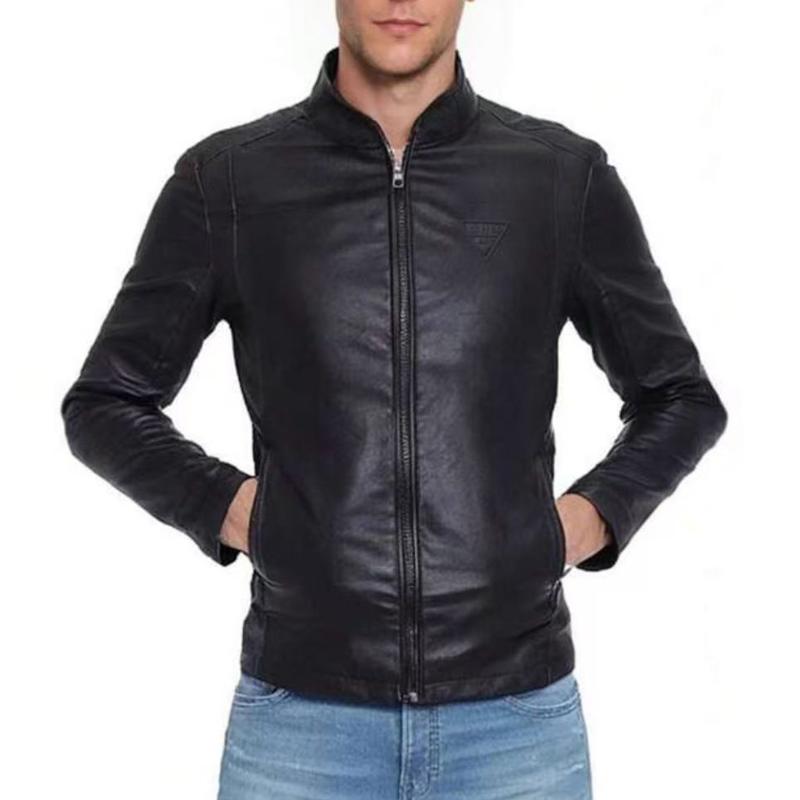 Men's Casual Solid Color Stand Collar Zipper Slim Leather Jacket 33279766M