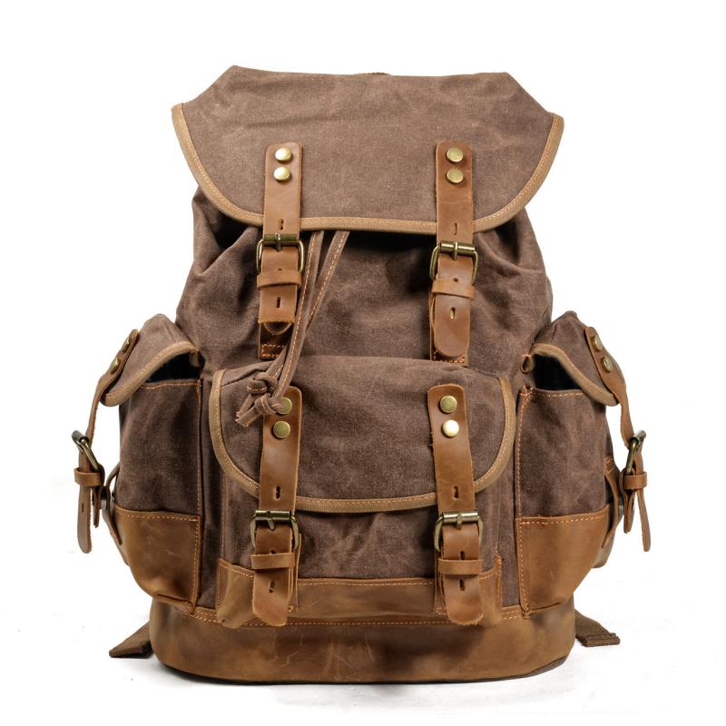 Men's Vintage Outdoor Canvas Stitching Leather Multi-Pocket Backpack 19083234Y