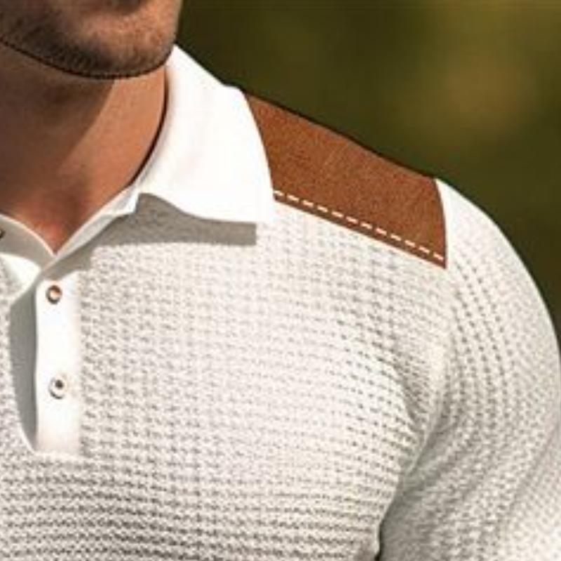 Men's Casual Lapel Suede Patchwork Slim Fit Long Sleeve Polo Shirt 37091964M