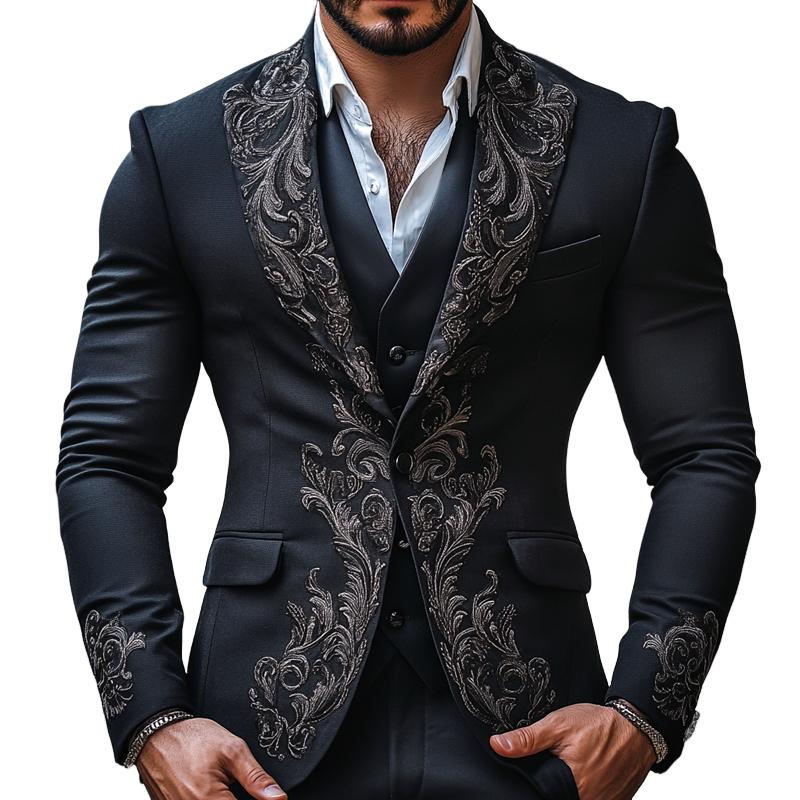 Men's Vintage Elegant Embroidery Lapel Slim Business Casual Blazer 39733255Z