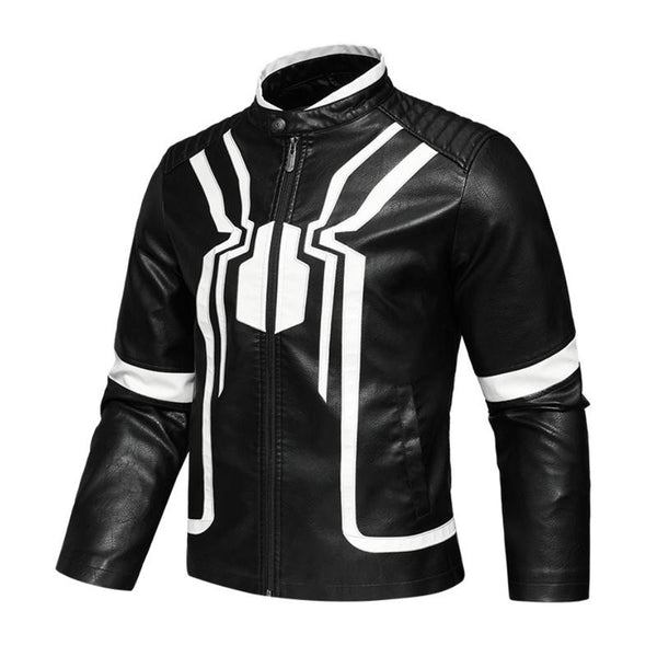 Men's Stylish Spider Embroidered Stand Collar Zipper Motorcycle Leather Jacket 10099927M