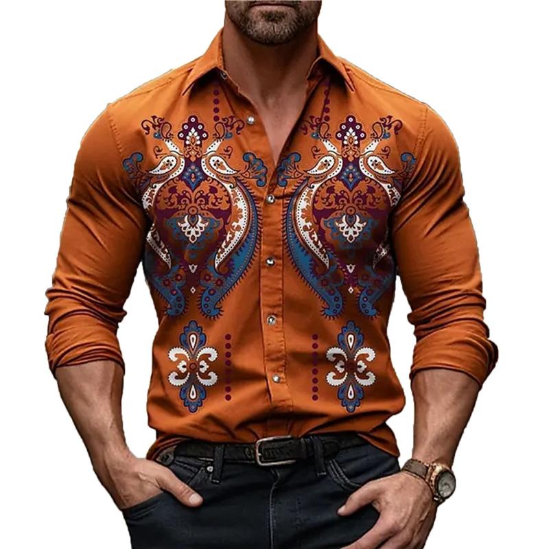 Men's Western Boy Print Lapel Long Sleeve Shirt 35664260X