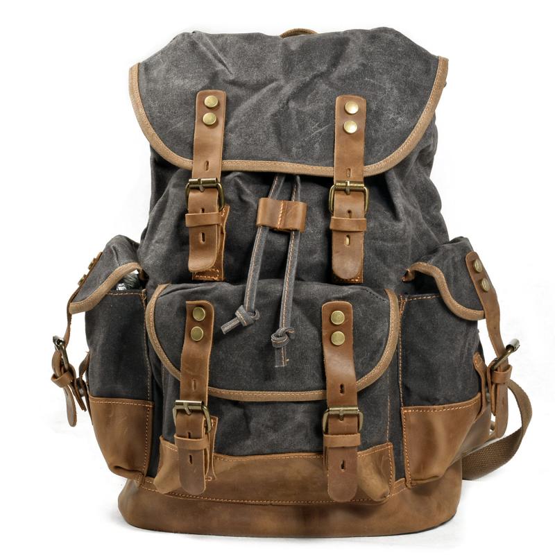 Mochila de lona vintage para hombre con múltiples bolsillos y costuras de cuero para exteriores 19083234Y