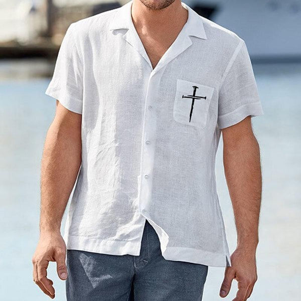 Men's Cross Print Breast Pocket Lapel Short Sleeve Shirts 07376805Z