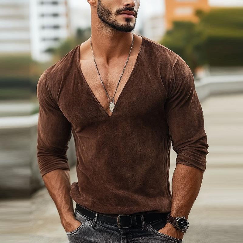 Men's Fashion Suede V-Neck Slim Fit Long Sleeve T-Shirt 09868223Y