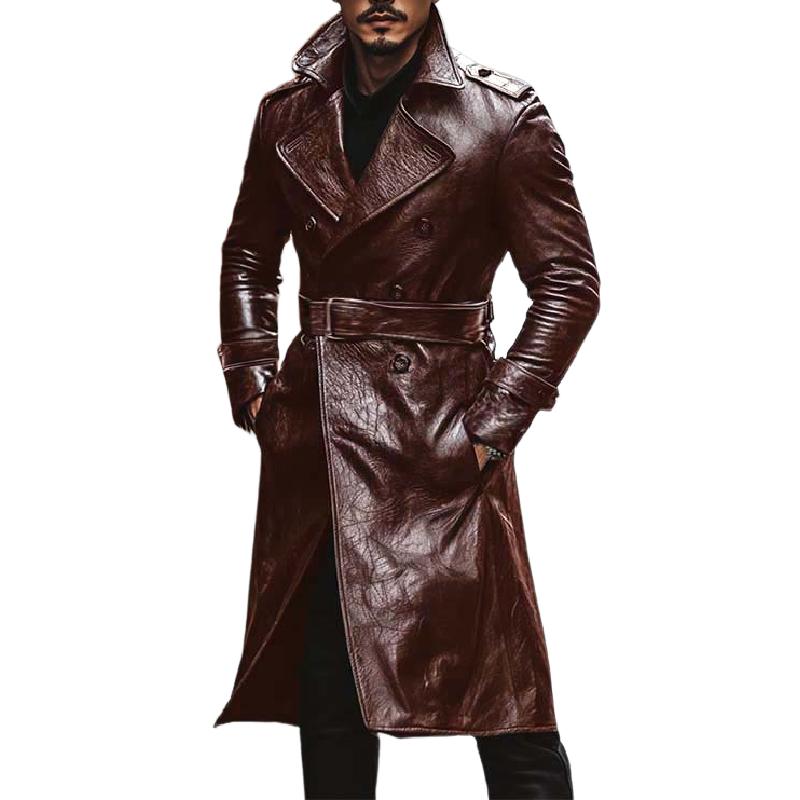 Men's Retro Classic Handsome Knee-Length Leather Trench Coat 92562082K