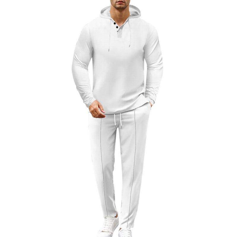 Men's Casual Solid Color Waffle Loose Hoodie Sports Pants Set 18828417M