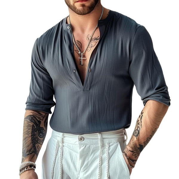 Men's Solid Henley Collar Long Sleeve Shirt 98367037Z