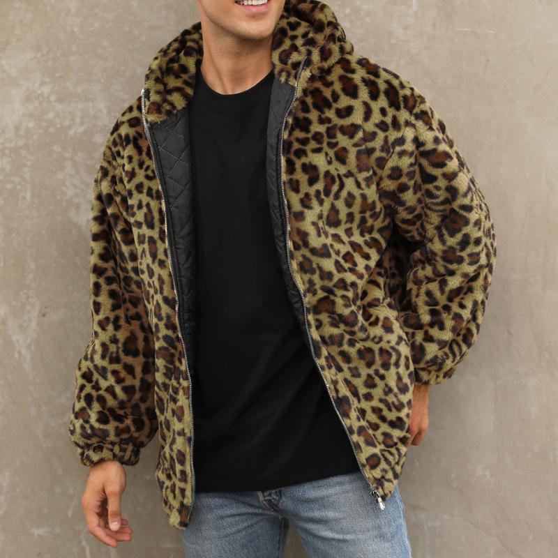 Men's Fashion Leopard Print Warm Fleece Zipper Padded Bomber Jacket 83611903M