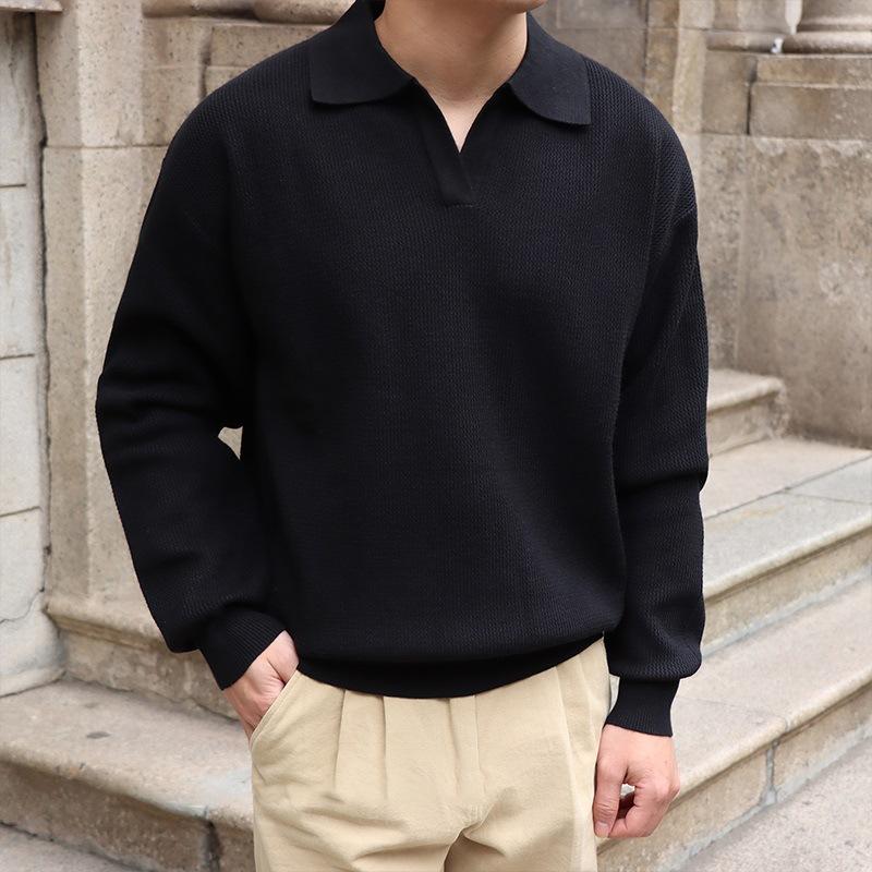 Men's Solid Color Lapel Long Sleeve Knit Polo Shirt 27298095Z