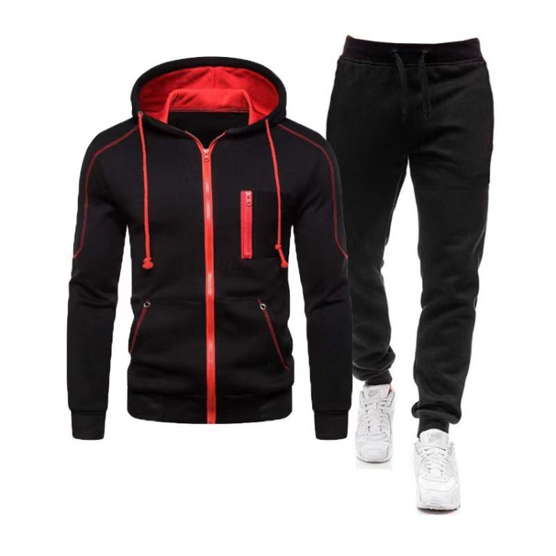 Men's Casual Colorblock Zipper Hooded Sports Jacket Elastic Waist Pants Set 15967302M