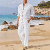 Men's Solid Color Casual Loose Long Sleeves and Long Pants Beach Two-piece Set 60645591X