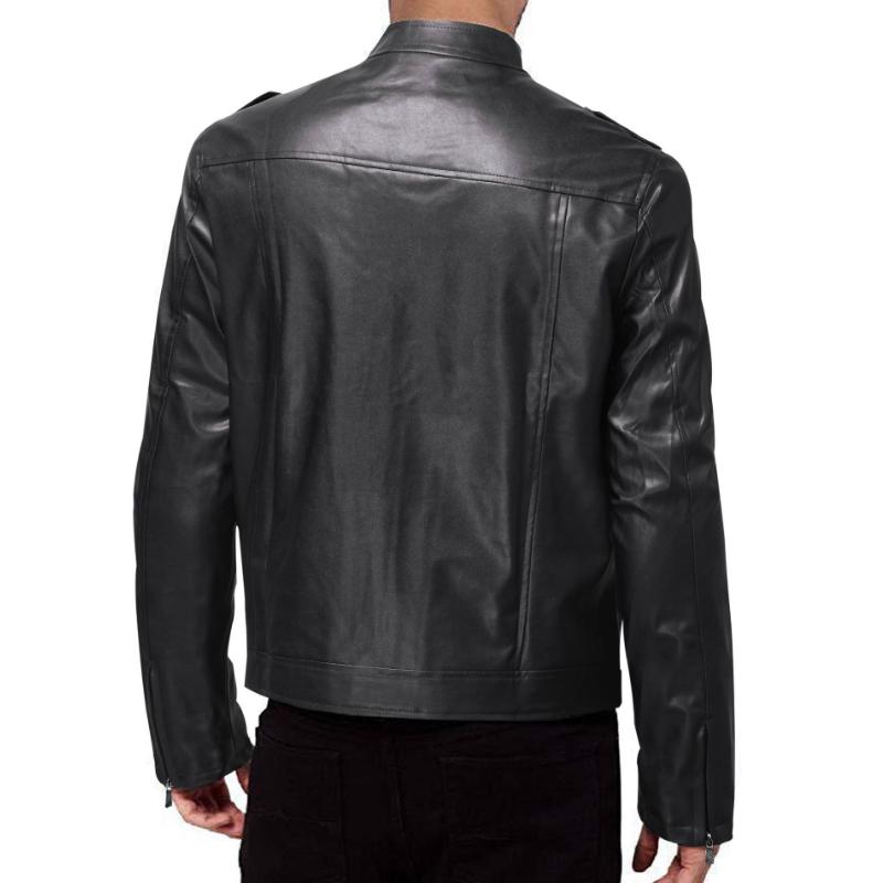 Men's Classic Stand Collar Double Pocket Leather Jacket 82375114F