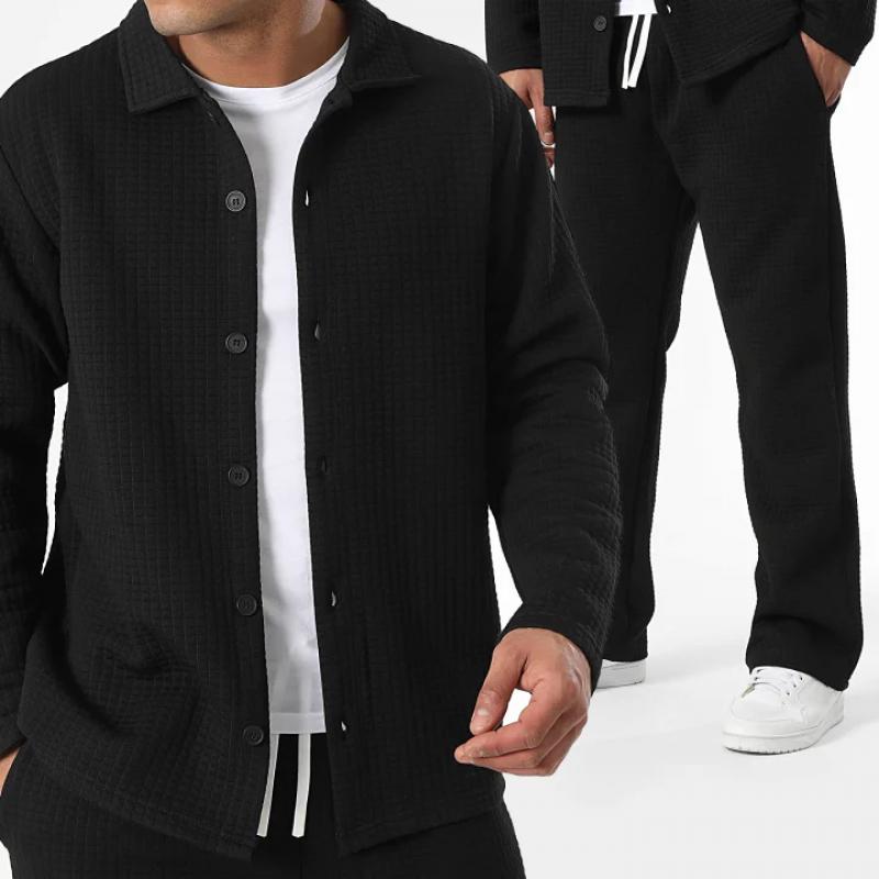 Men's Solid Waffle Jacket and Pants Set 54656528Y