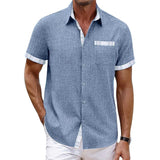 Men's Casual Cotton Linen Plaid Patchwork Lapel Slim Short-sleeved Shirt 19702686M