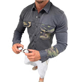 Men's Casual Slim Fit Camouflage Pocket Stitching Denim Shirt 95536667K