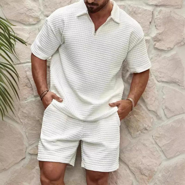 Men's Solid Waffle Lapel Short Sleeve Polo Shirt Shorts Loose Set 76307657Z