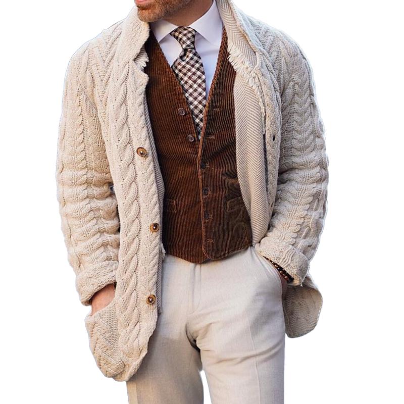 Men's Vintage Stand Collar Single Breasted Cable Knit Cardigan 26165463Z
