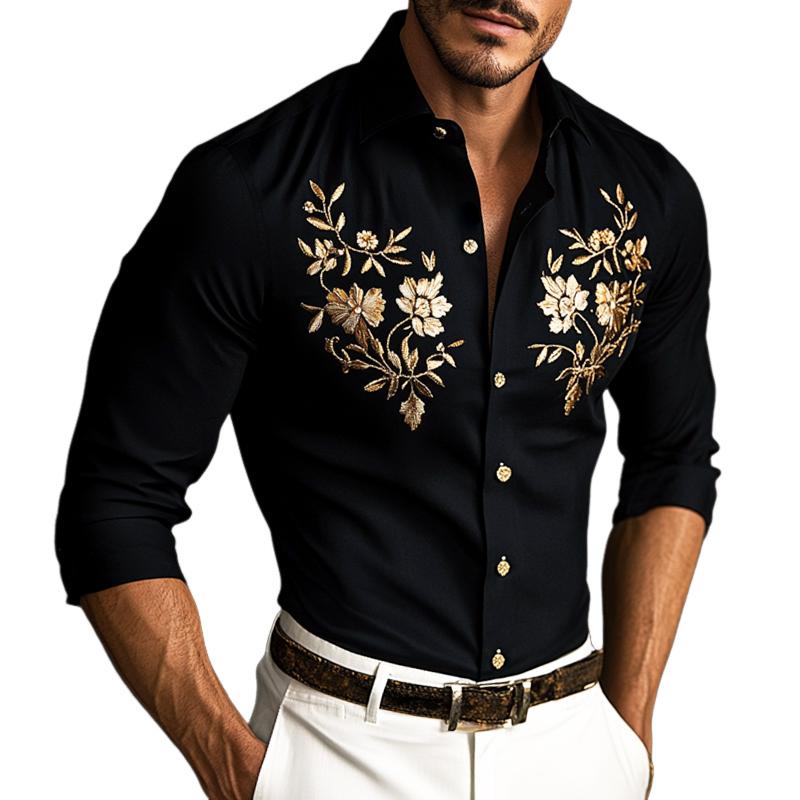 Men's Retro Casual Embroidered Lapel Long Sleeve Shirt 16533429TO